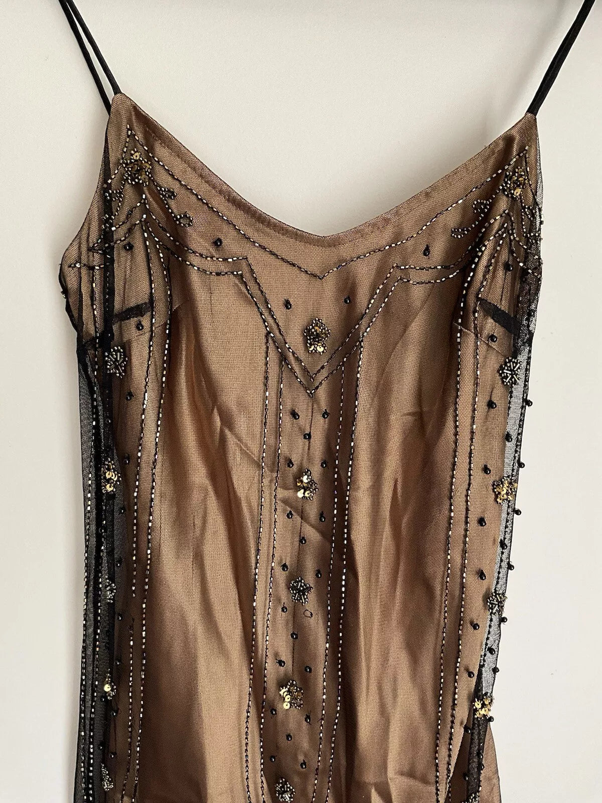 Robe de soirée longue en mousseline de soie, satin et tulle, élégante et raffinée, style vintage, marron doré, avec perles, gh3723