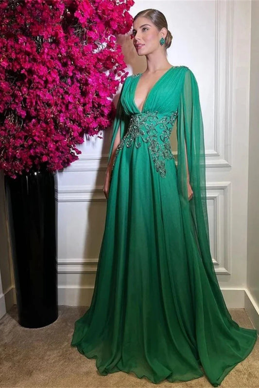 girlhomeshops - Robe de soirée verte à manches longues et décolleté en V profond en mousseline scintillante gh6263