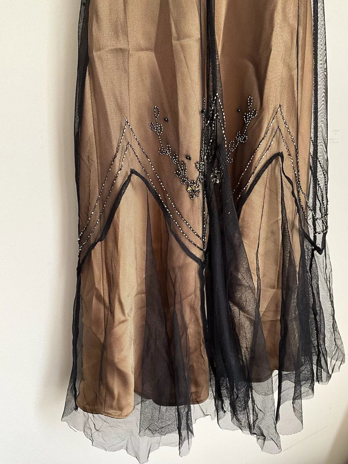 Robe de soirée longue en mousseline de soie, satin et tulle, élégante et raffinée, style vintage, marron doré, avec perles, gh3723