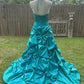 Green Gorgeous Vintage Strap Long Elegant Satin Pleated Ball Gown Evening Dress gh3311