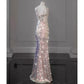 Rosa, wunderschönes, funkelndes, hübsches Meerjungfrau-Ballkleid mit abnehmbarer Schleife, lang, elegant, mit Pailletten, formelles Ballkleid, Abendkleid, Partykleid, gh3544