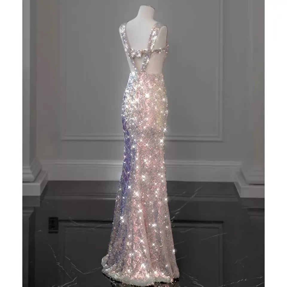 Rosa, wunderschönes, funkelndes, hübsches Meerjungfrau-Ballkleid mit abnehmbarer Schleife, lang, elegant, mit Pailletten, formelles Ballkleid, Abendkleid, Partykleid, gh3544
