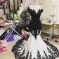 Black gorgeous exquisite lace V-neck backless long floor-length trailing satin sexy elegant ball gown evening dress wedding dress gh3456
