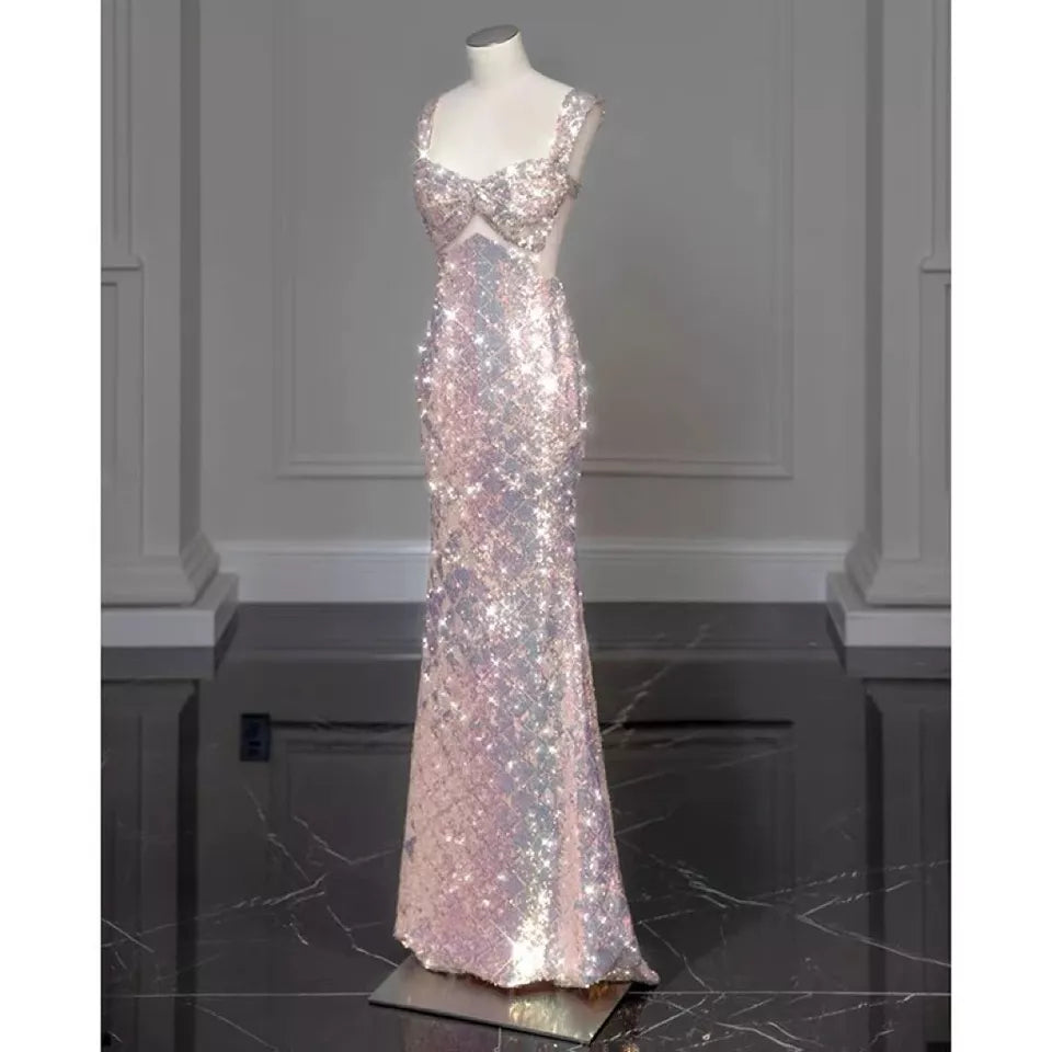 Rosa, wunderschönes, funkelndes, hübsches Meerjungfrau-Ballkleid mit abnehmbarer Schleife, lang, elegant, mit Pailletten, formelles Ballkleid, Abendkleid, Partykleid, gh3544
