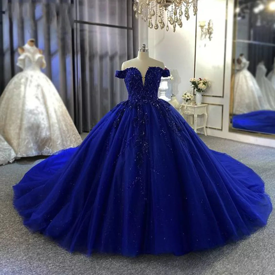 Blaues schulterfreies Spitzenapplikationen A-Linie Langes Ballkleid Abendkleid Brautkleid Hochzeitskleid gh3103
