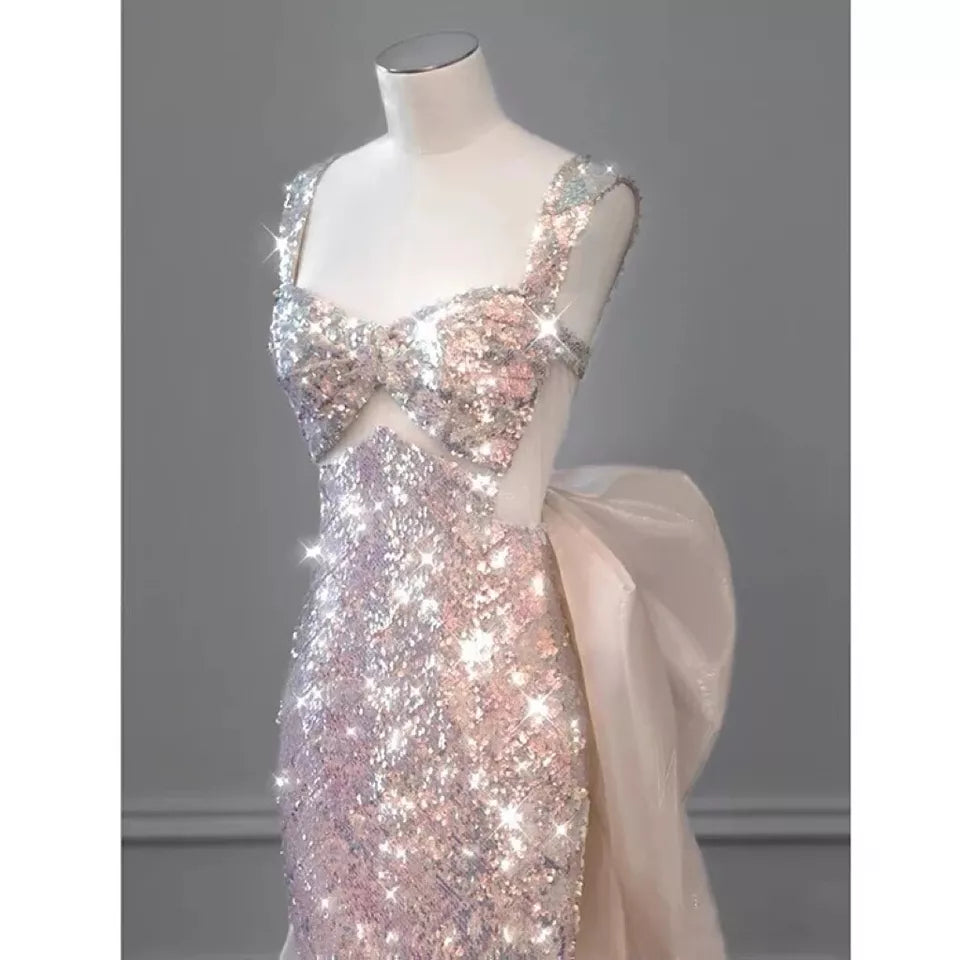 Rosa, wunderschönes, funkelndes, hübsches Meerjungfrau-Ballkleid mit abnehmbarer Schleife, lang, elegant, mit Pailletten, formelles Ballkleid, Abendkleid, Partykleid, gh3544