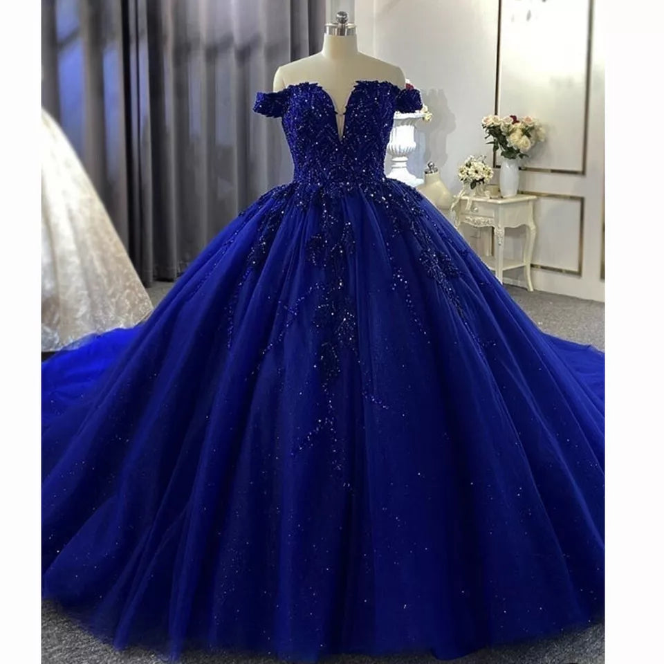 Blaues schulterfreies Spitzenapplikationen A-Linie Langes Ballkleid Abendkleid Brautkleid Hochzeitskleid gh3103