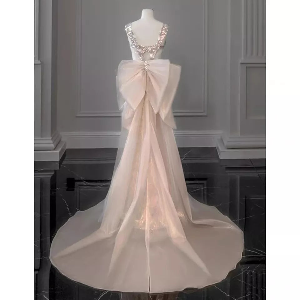 Rosa, wunderschönes, funkelndes, hübsches Meerjungfrau-Ballkleid mit abnehmbarer Schleife, lang, elegant, mit Pailletten, formelles Ballkleid, Abendkleid, Partykleid, gh3544