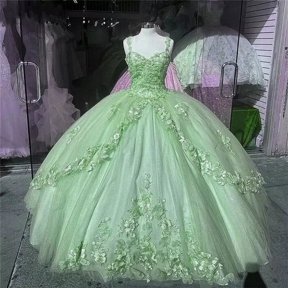 green and purple quinceanera dresses Light Green Quinceanera Dress with 3D Flowers Sleeveless Cape Ball Gown Corset Vestido De 15 Anos fg5534
