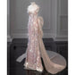 Rosa, wunderschönes, funkelndes, hübsches Meerjungfrau-Ballkleid mit abnehmbarer Schleife, lang, elegant, mit Pailletten, formelles Ballkleid, Abendkleid, Partykleid, gh3544