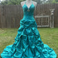Green Gorgeous Vintage Strap Long Elegant Satin Pleated Ball Gown Evening Dress gh3311
