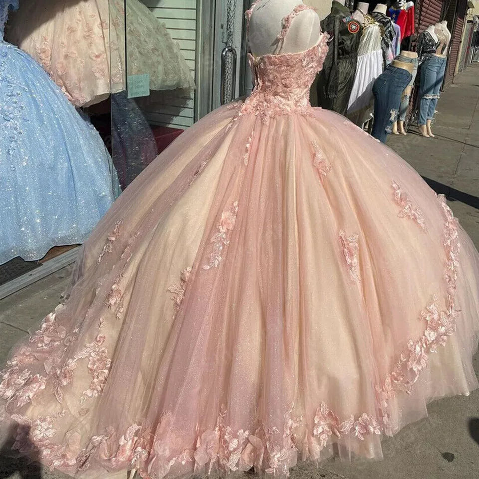 Pink/purple/green sweet lace applique long tulle quinceanera dress Ball gown evening dress gh909