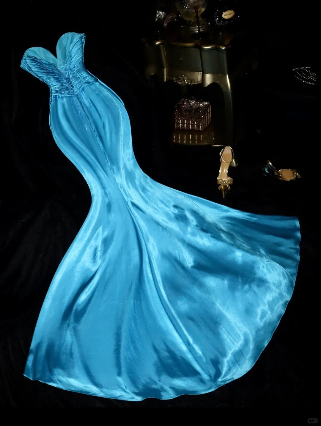 Robe de soirée longue en satin bleu avec strass, magnifique robe de soirée, robe d'anniversaire, gh4457