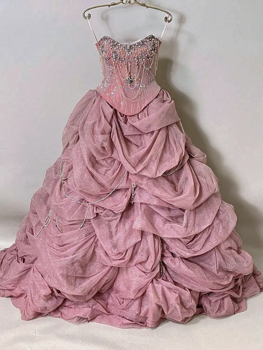 Girlhomeshops-Pink Gorgeous Beaded Sparkling Elegant Long Tulle Ball Gown gh5320