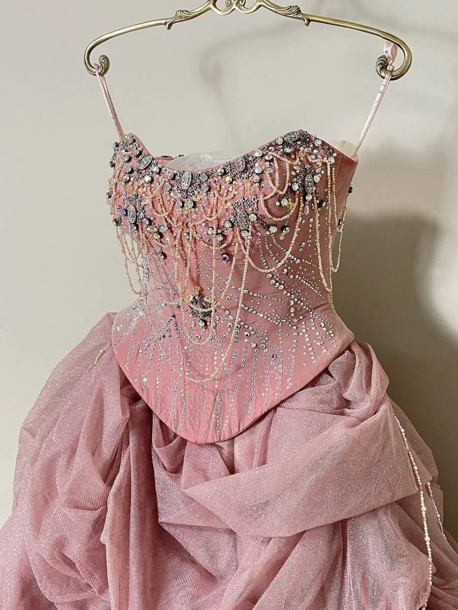 Girlhomeshops-Pink Gorgeous Beaded Sparkling Elegant Long Tulle Ball Gown gh5320