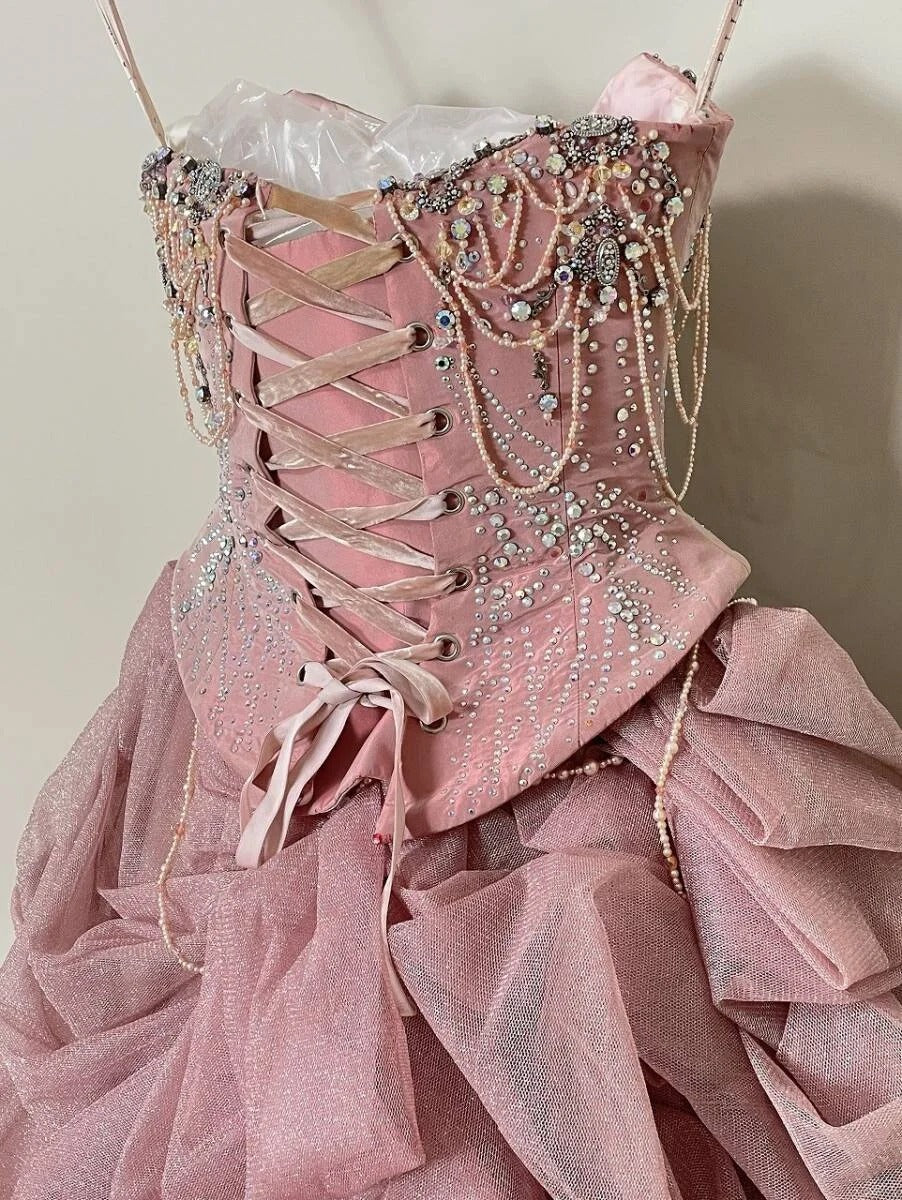 Girlhomeshops-Pink Gorgeous Beaded Sparkling Elegant Long Tulle Ball Gown gh5320
