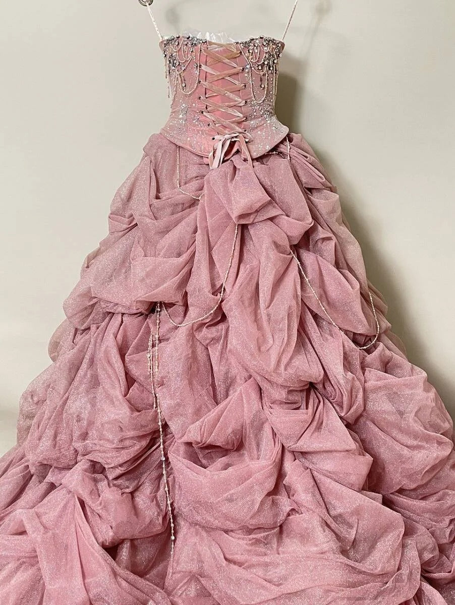 Girlhomeshops-Pink Gorgeous Beaded Sparkling Elegant Long Tulle Ball Gown gh5320
