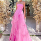 Light pink A-line off-shoulder long ruffled elegant tulle ball gown evening dress gh2684