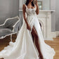 White fantasy square neck slit lace applique long tulle backless bridal gown wedding dress gh2404
