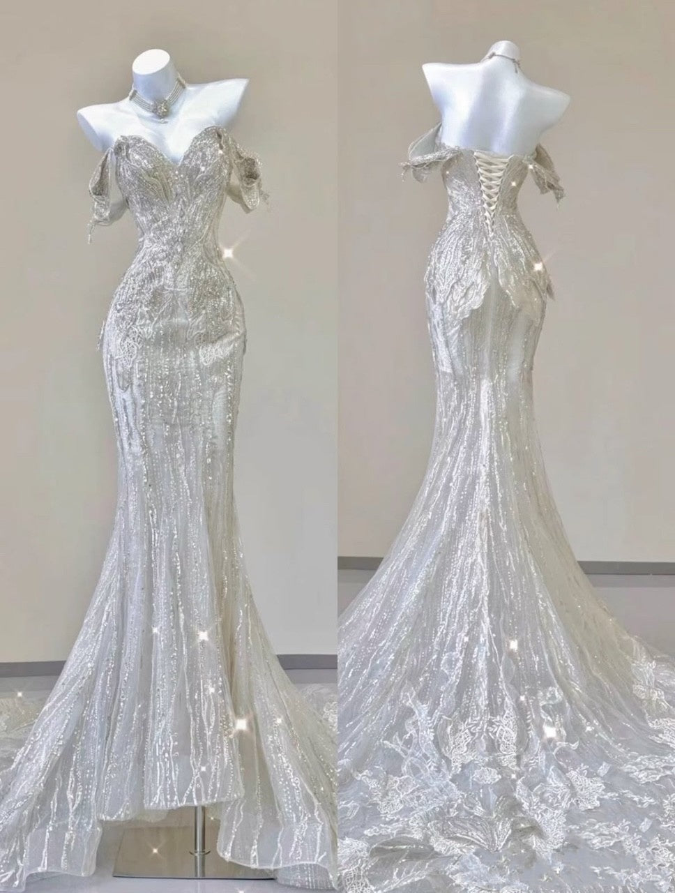 Weiß Fashion Wunderschöne Einzigartige Perlen Meerjungfrau Lange Off-schulter Pailletten Kurzarm Brautkleid Brautkleid gh4303