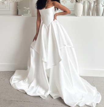 Girlhomeshops - Weißes Satin-Schulterfreies, langes, bodenlanges Brautkleid, Ballkleid gh5394