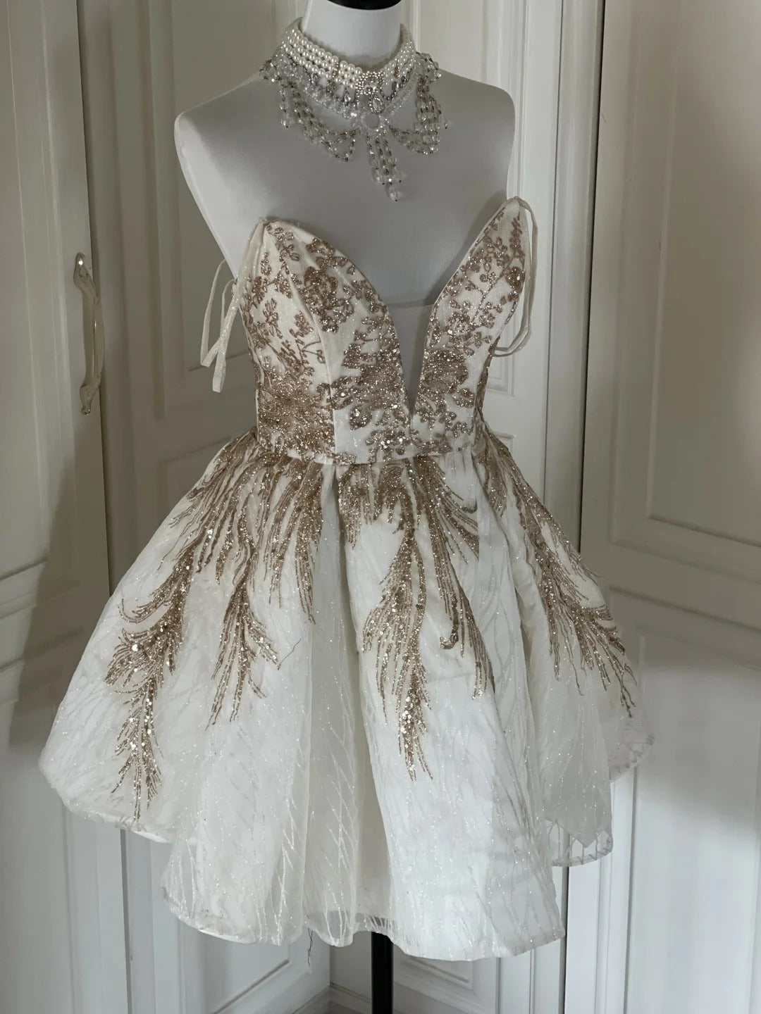 Robe de soirée courte à paillettes dorées et blanches, brillante, magnifique, mignonne, élégante et sophistiquée, style princesse, robe de bal, robe de soirée, gh4166