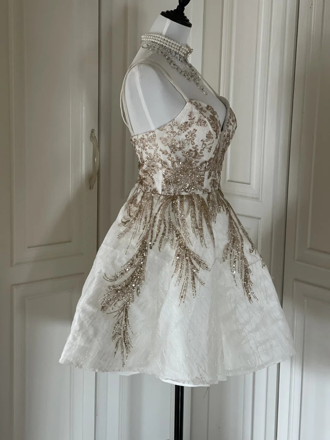 Robe de soirée courte à paillettes dorées et blanches, brillante, magnifique, mignonne, élégante et sophistiquée, style princesse, robe de bal, robe de soirée, gh4166