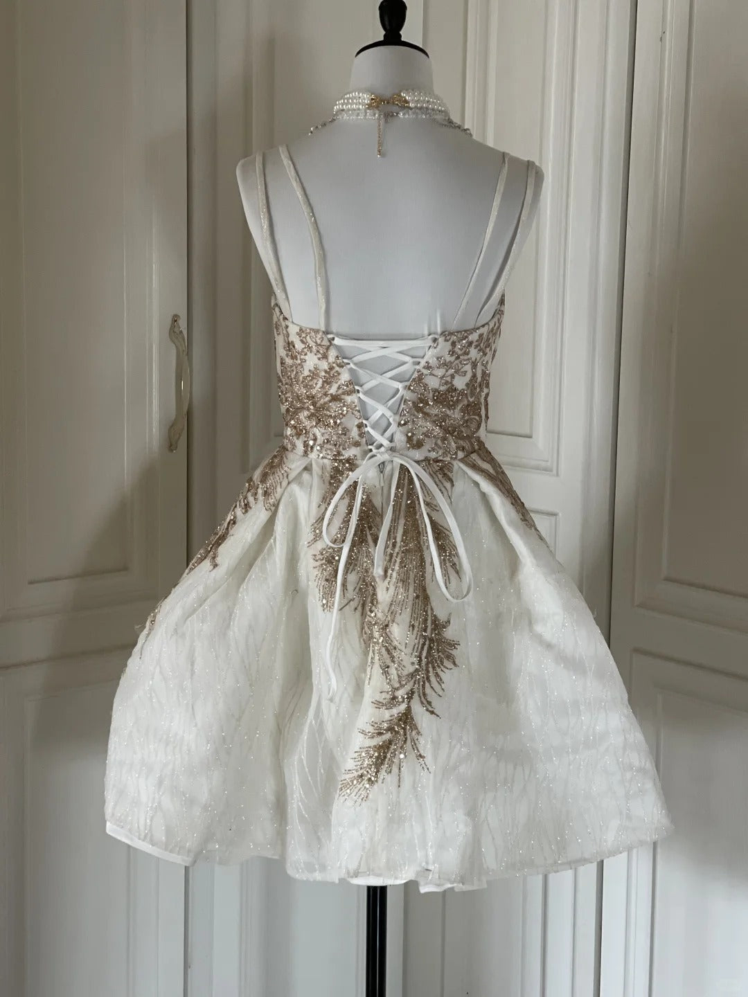 Robe de soirée courte à paillettes dorées et blanches, brillante, magnifique, mignonne, élégante et sophistiquée, style princesse, robe de bal, robe de soirée, gh4166