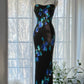 Black Romantic Elegant Delicate Blue Floral Beaded Long Chiffon Ball Gown Evening Gown Birthday Vacation Wedding Guest Party Dress Prom Gown gh4010