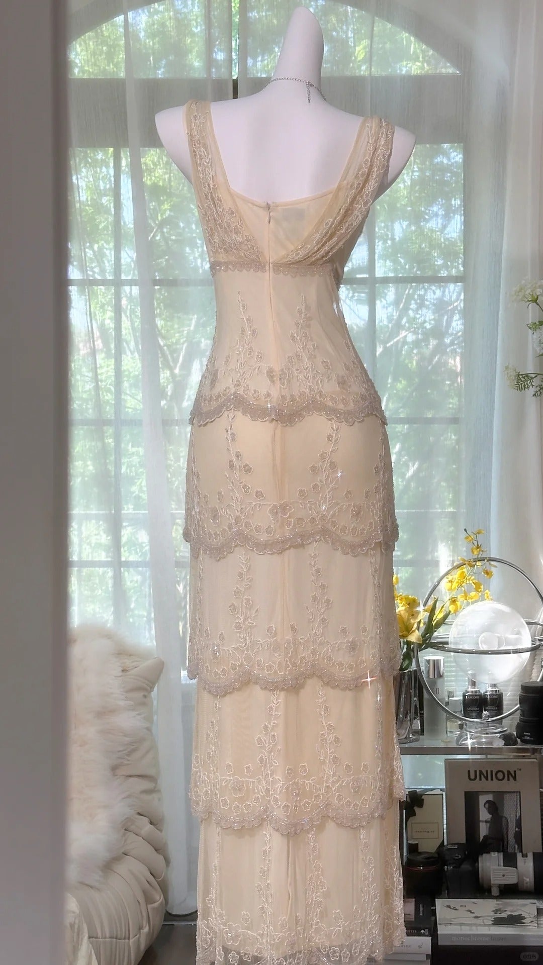 Cremegelbes V-Ausschnitt, exquisite Perlenspitze, langes Chiffon-Tüll-Ballkleid, Abendkleid, Hochzeitskleid, Abschlussballkleid, Abschlussballkleid, gh3987