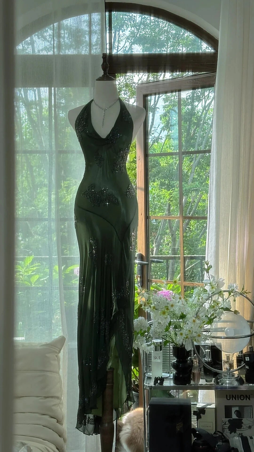 Robe de soirée longue en mousseline de soie, élégante, vert foncé, avec perles, gh4749