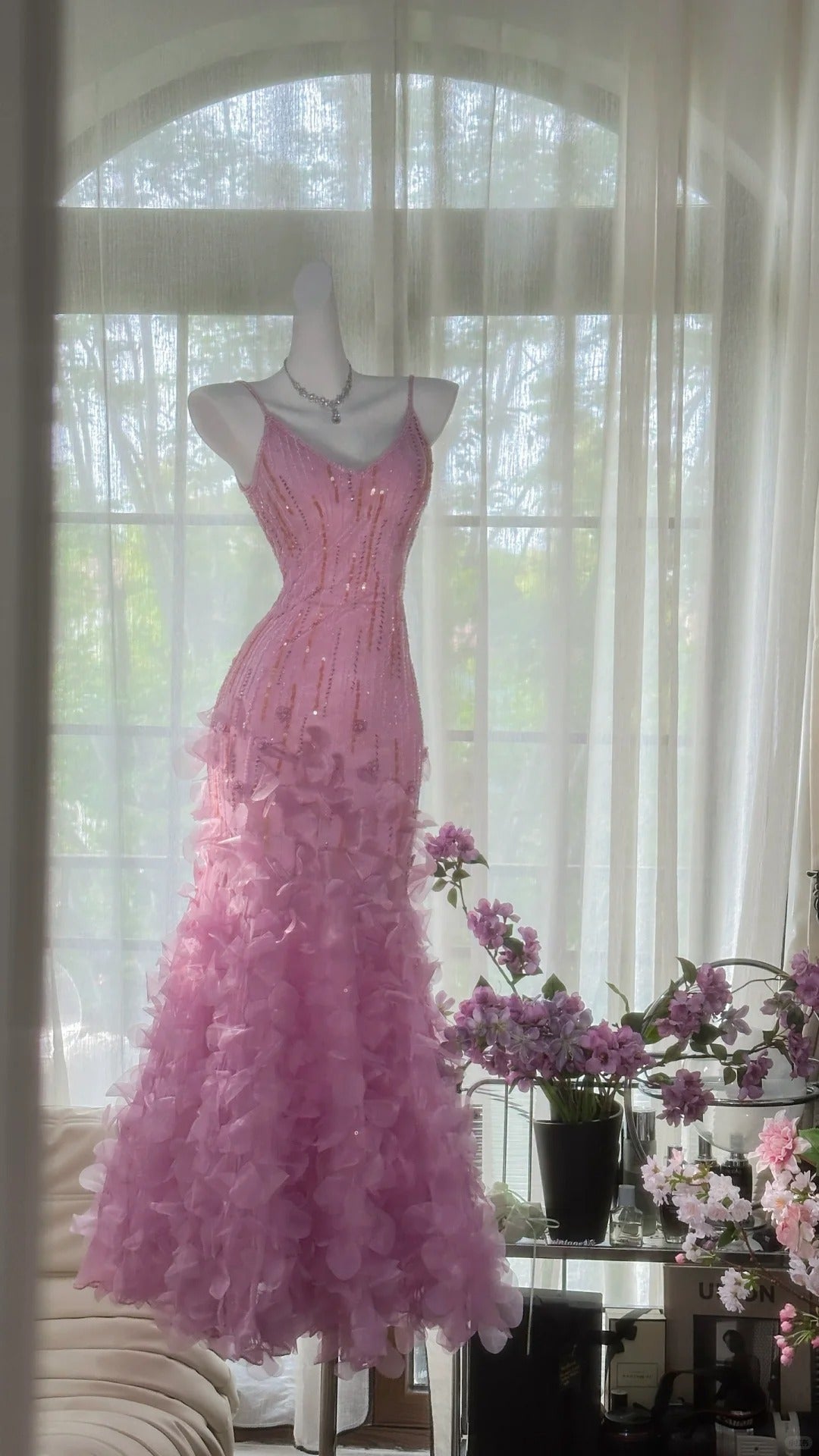 Vintage rosa und lila Meerjungfrau langes schmales Perlen verziertes elegantes Chiffon Homecoming-Kleid Ballkleid Abendkleid Geburtstagspartykleid Date-Kleid gh4682