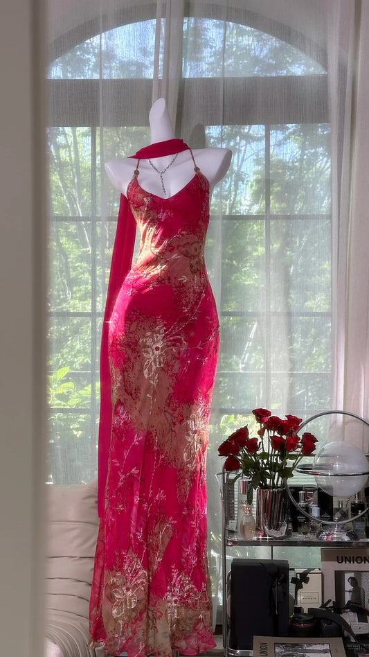 Girlhomeshops-Pink floral vintage dress long chiffon Prom Dress evening dress graduation dress party dress gh5242
