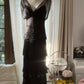 Schwarzes, perlenbesetztes, elegantes, langes, gestuftes Chiffon-Ballkleid, Abendkleid, Partykleid gh4751