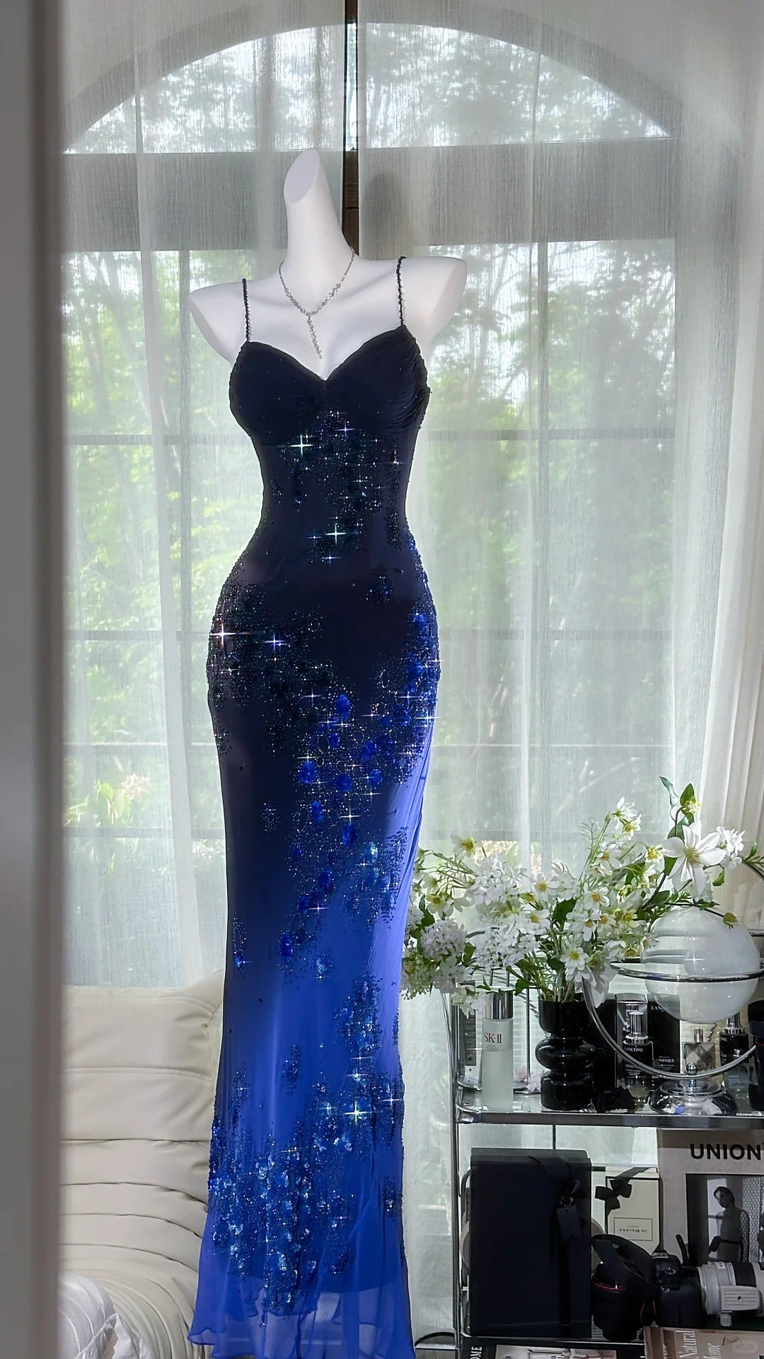 Blaues romantisches exquisites florales langes Chiffon-Ballkleid Abendkleid Partykleid Date-Kleid gh4878