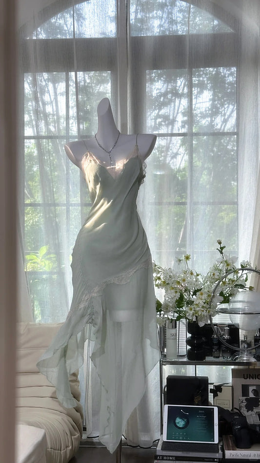 Girlhomeshops-Mint Mambo Green Vintage Long Chiffon Lace Party Dress Date Dress gh5079