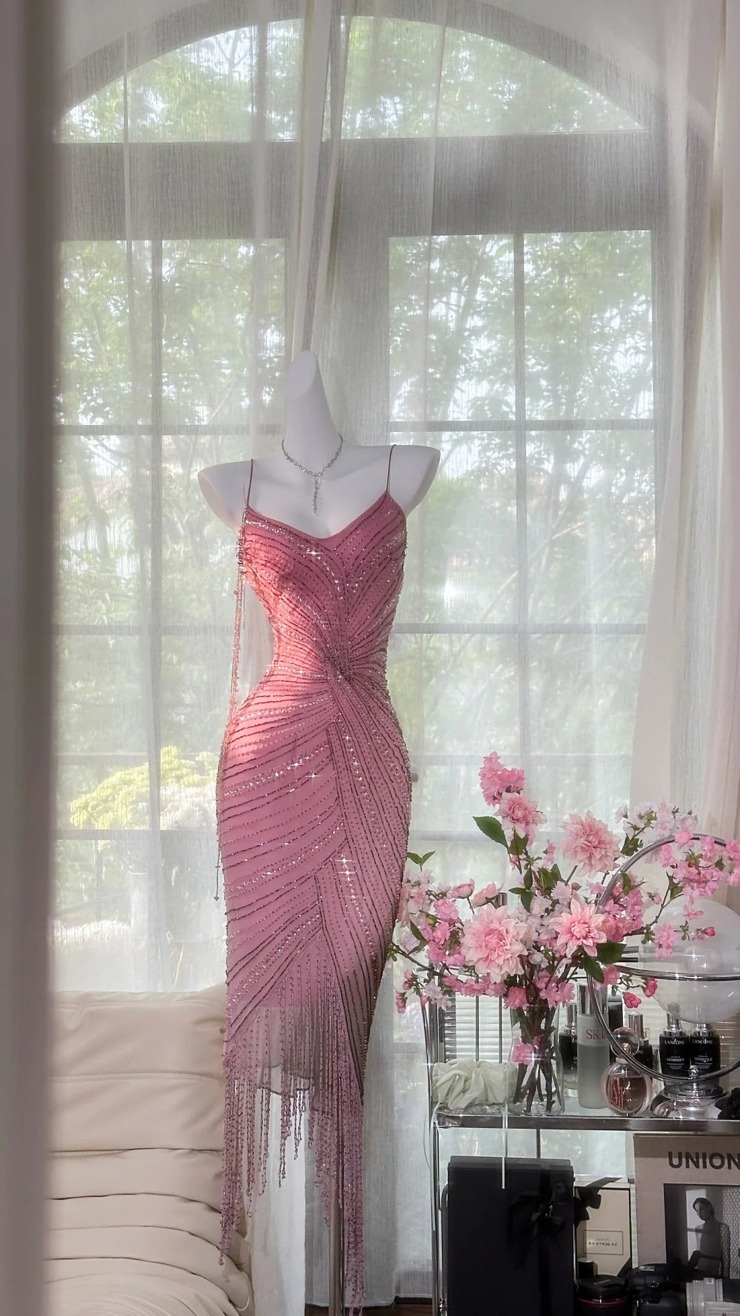 Pink Elegant Gorgeous Exquisite Beaded Tassel Midi/Short Tulle Chiffon Homecoming Dress Cocktail Party Dress Ball Dress Evening Dress Birthday Party Dress Prom Dress gh4086