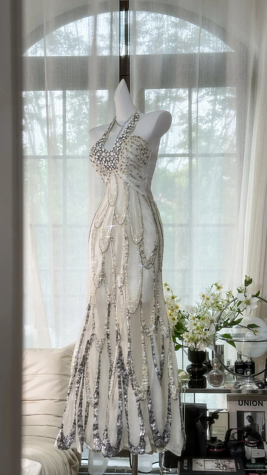 White Beaded Sparkling Ball Gown Long Chiffon Ball Gown Evening Gown Birthday Gown Wedding Gown gh4529