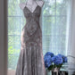 Girlhomeshops--Silver-gray exquisite beaded long vintage lace fishtail prom dress gh5470