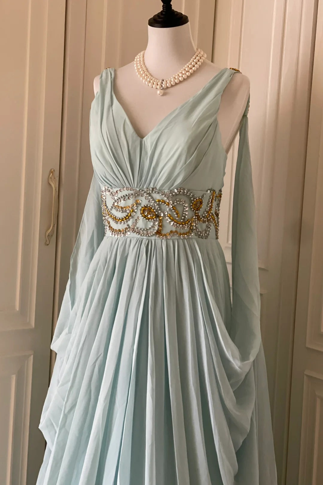 Light Blue Fashionable Elegant Greek Goddess Gown Long Chiffon Floor L – girlhomeshops Light Blue Fashionable Elegant Greek Goddess Gown Long Chiffon Floor L – girlhomeshops