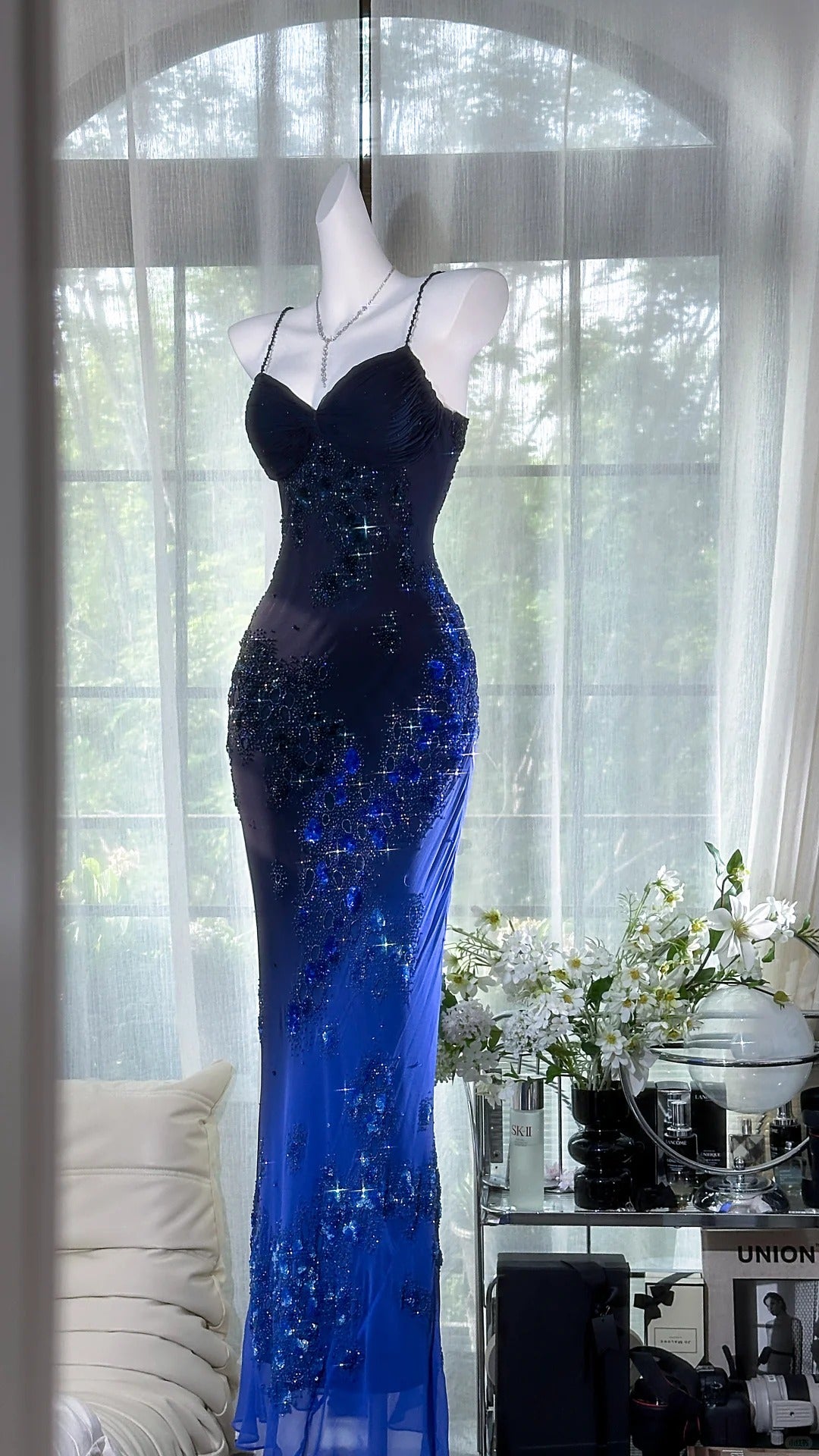 Blaues romantisches exquisites florales langes Chiffon-Ballkleid Abendkleid Partykleid Date-Kleid gh4878