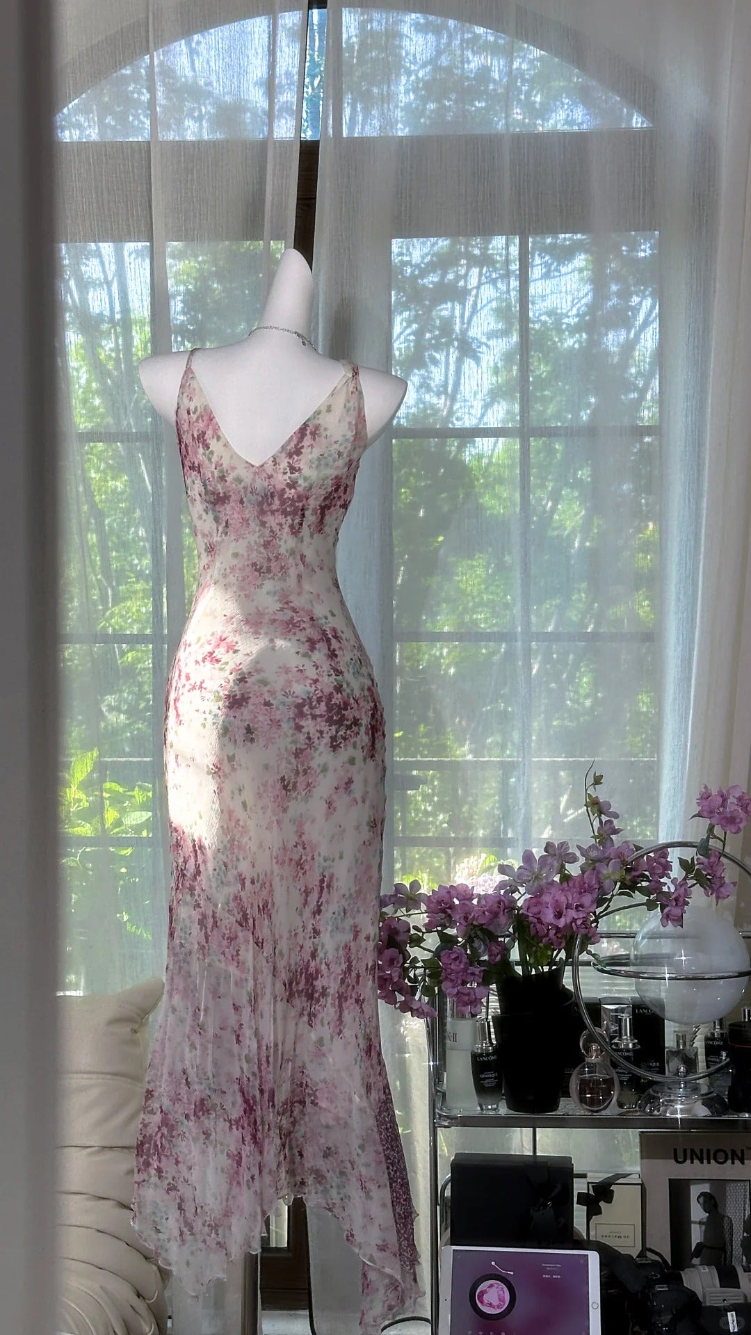Lila florales Vintage Perlen Chiffon langes Ballkleid Abendkleid Partykleid gh4820
