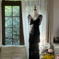 Schwarzes, perlenbesetztes, elegantes, langes, gestuftes Chiffon-Ballkleid, Abendkleid, Partykleid gh4751