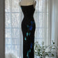 Black Romantic Elegant Delicate Blue Floral Beaded Long Chiffon Ball Gown Evening Gown Birthday Vacation Wedding Guest Party Dress Prom Gown gh4010