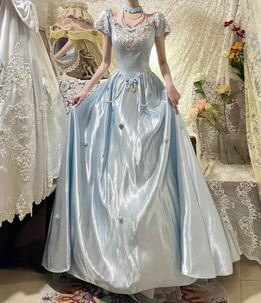 Robe de soirée longue en satin bleu vintage, élégante et florale, longueur au sol, gh4415