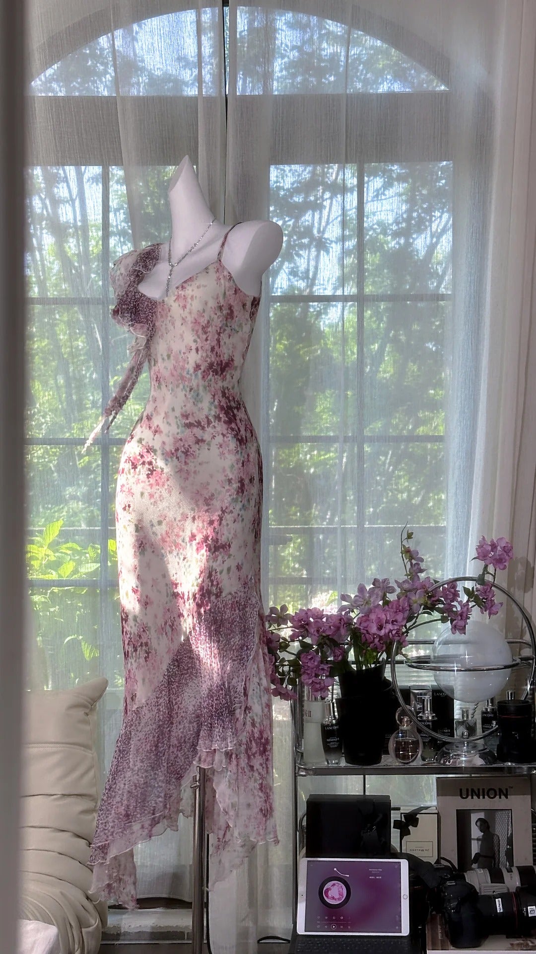 Lila florales Vintage Perlen Chiffon langes Ballkleid Abendkleid Partykleid gh4820