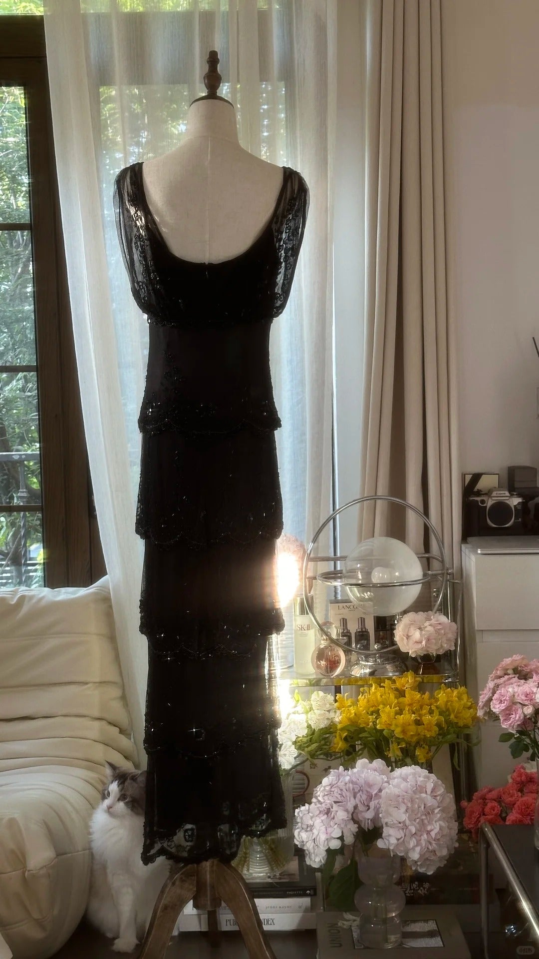 Schwarzes, perlenbesetztes, elegantes, langes, gestuftes Chiffon-Ballkleid, Abendkleid, Partykleid gh4751