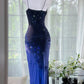 Girlhomeshops-Dark Blue Floral Beaded Elegant Spaghetti Strap Long Chiffon Prom Dress Evening Dress Party Dress Date Dress gh5083
