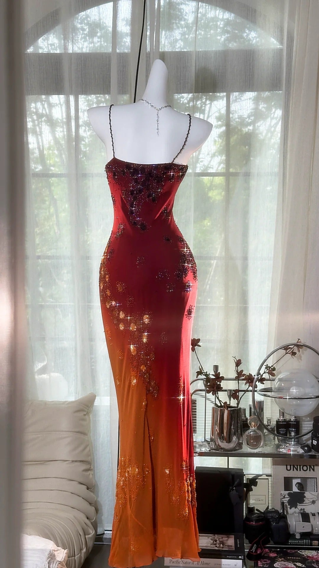 Burgundy Orange Floral Ball Gown Long Chiffon Date Dress Evening Dress Birthday Dress Wedding Dress gh4532