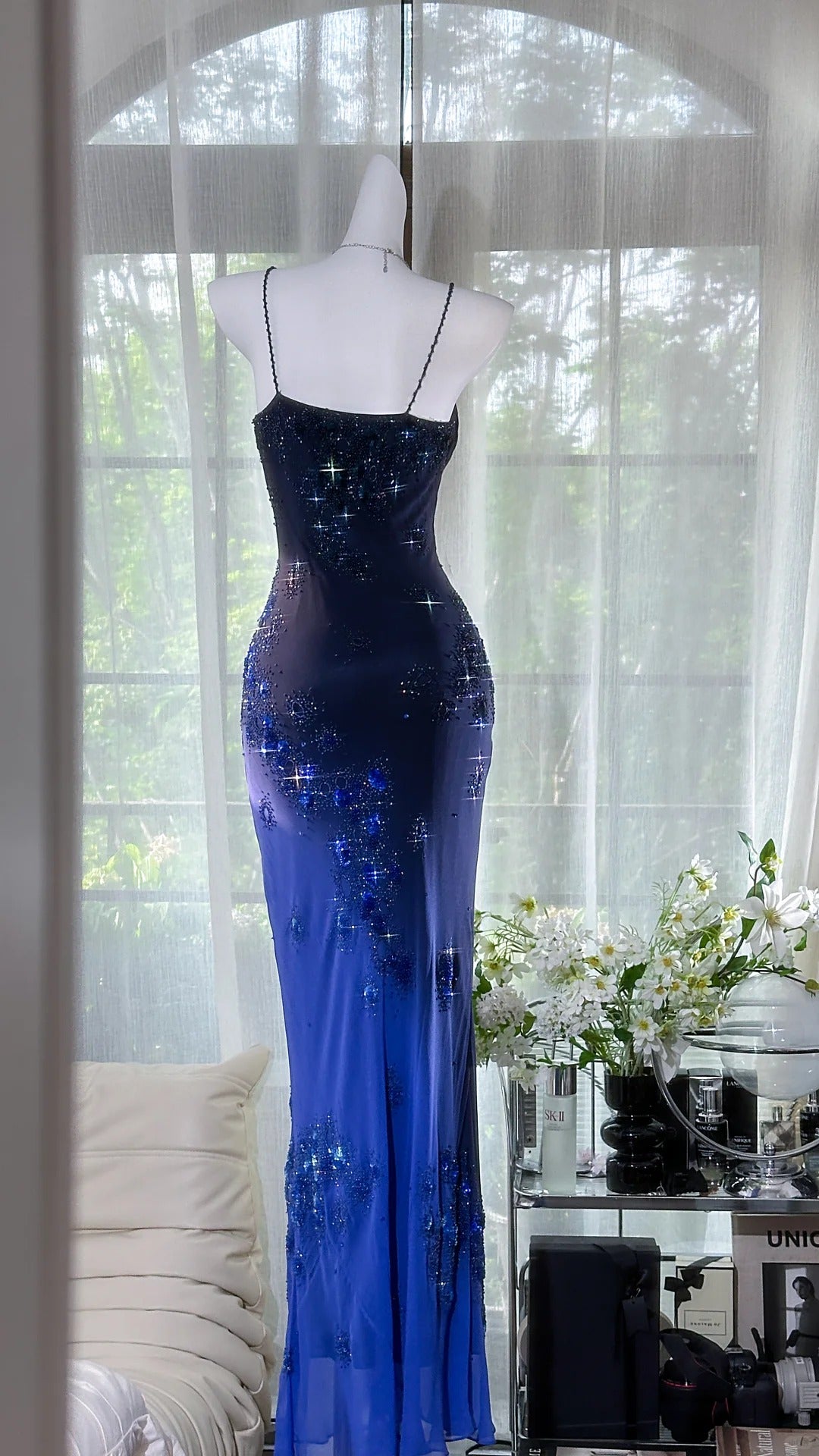 Blaues romantisches exquisites florales langes Chiffon-Ballkleid Abendkleid Partykleid Date-Kleid gh4878